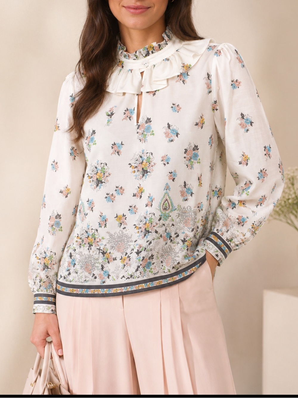 Secret Mission Giselle Ladies Cream Floral Ruffled Neck Blouse brand new with t